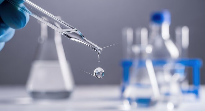 Precision Laboratory Dropper with Droplet Above Glassware Background