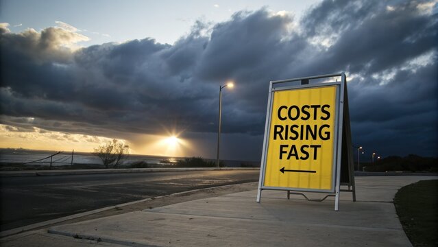 Rising Costs Warning Sign Along Roadway Near Scenic Sunset View
