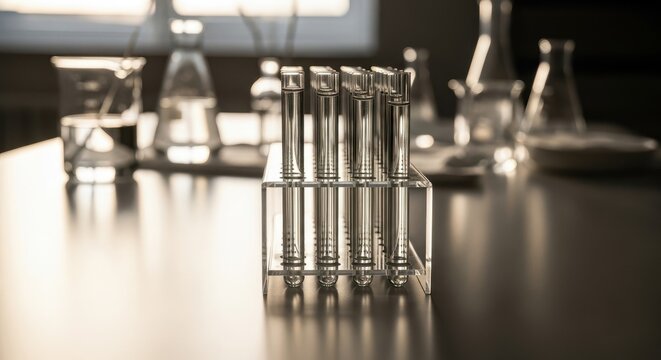 Test tubes in a laboratory setting with clear glassware background