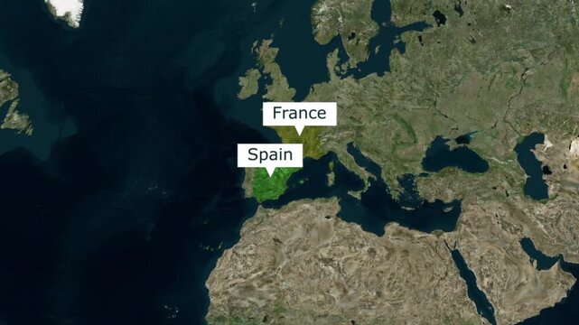 Satellite view map highlighting borders of spain and france in europe a high-angle view