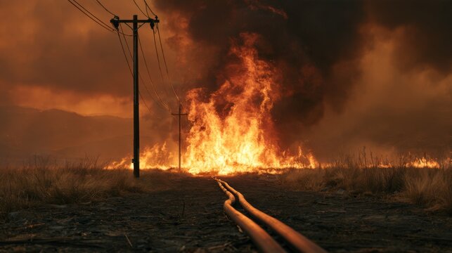 Fire Approaching Utility Pole Beside Underground Power Lines during Dramatic Sky with Smoke and Flames