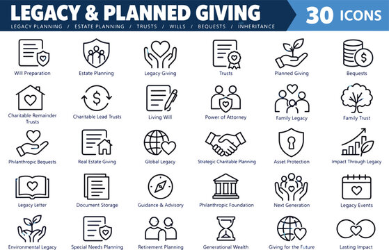 Thin Line Philanthropy and Planned Giving Vector Icon Set Featuring Legacy Trust Power of Attorney and Estate Protection UI Assets