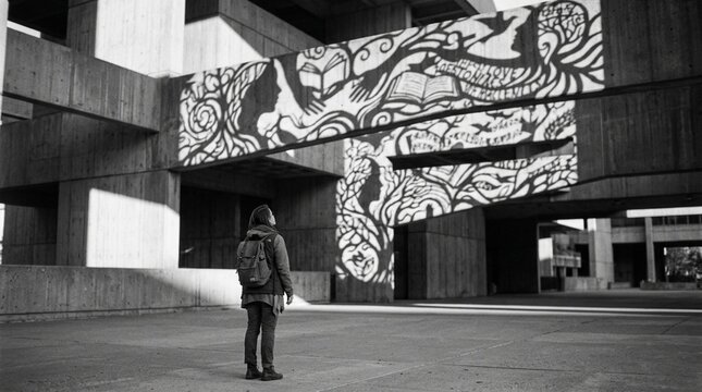 Person observing mural art on concrete building, urban exploration, black and white