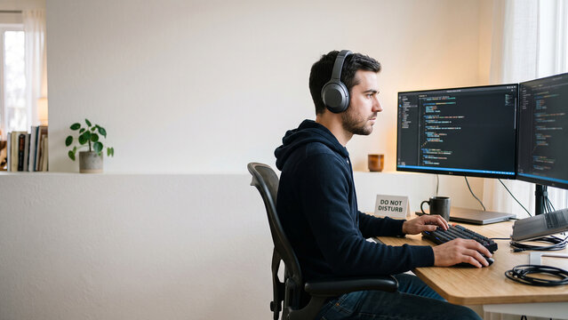 Focused Software Developer Coding with Headphones at Home Workspace