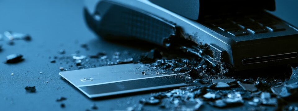 Close-Up of a Broken Magnetic Card Reader with Shattered Pieces and a Damaged Card Beside It