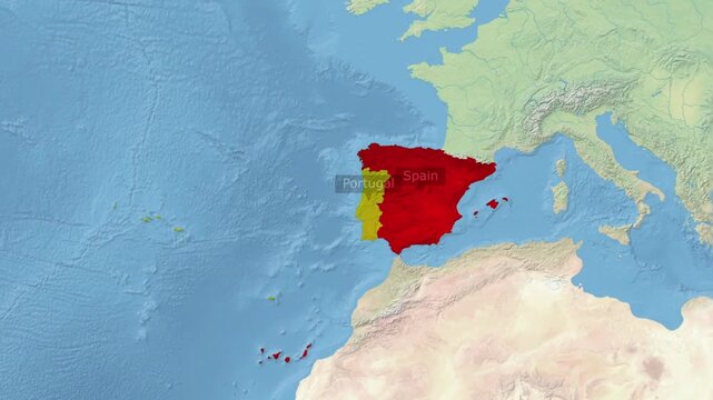 Highlighted map of spain and portugal on a digital geographical relief globe a digital animation