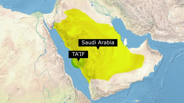 Animated map of taif city in saudi arabia with highlighted boundaries and geographic location