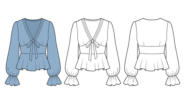 V-neck Bow Tie Blouse technical fashion Illustration. Balloon Sleeve Top fashion flat technical drawing template, peplum, frill cuff, front and back view, white, blue, women Top CAD mockup set