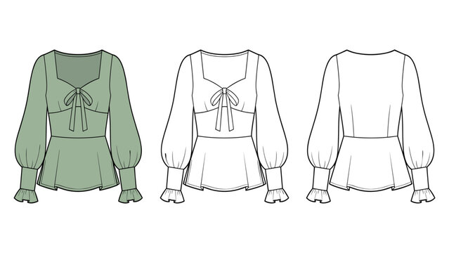 Square Neck Puff Sleeve technical fashion Illustration. Ruffle Hem Blouse fashion flat technical drawing template, bow tie, bodice, front and back view, green, white, women Top CAD mockup set