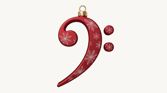 Musical bass clef Christmas ornament with snowflake pattern, red festive music note bauble, holiday decoration for concert posters and greeting cards