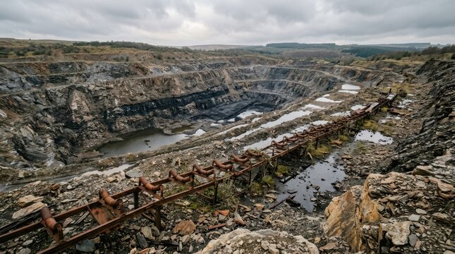 Abandoned coal pit with exposed dark seam and rainwater filled terraced excavation showing long term mining damage