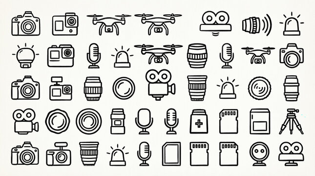 Large collection of linear icons for photography, video, and drone technology.