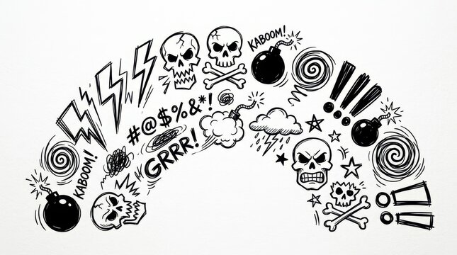 Hand-Drawn Comic Style Doodles of Skulls, Bombs, and Anger Symbols in a Semi-Circle Arc on White Background
