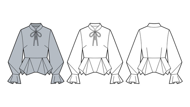 High Neck Tie Blouse technical fashion Illustration. Pleated Peplum Top fashion flat technical drawing template, ruffle sleeve, bow tie, front and back view, white, grey, women Top CAD mockup set