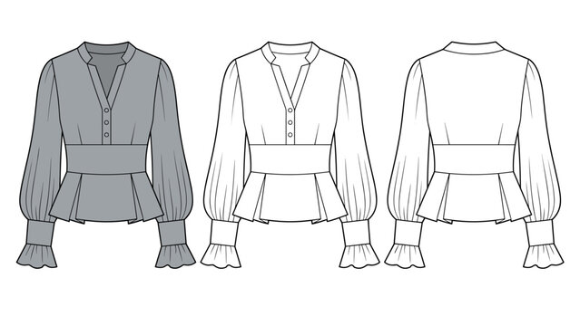 Mandarin Collar Peplum technical fashion Illustration. Balloon Sleeve Blouse fashion flat technical drawing template, v-neck, button front, front and back view, grey, women Top CAD mockup set