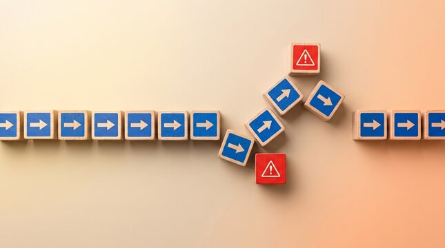 Wooden blocks with arrows and warning symbols arranged in a path on a plain background