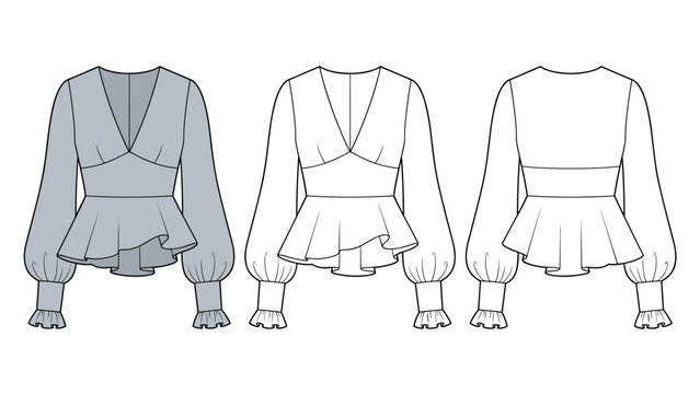 Deep V-Neck Flounce Top technical fashion Illustration. Balloon Sleeve Blouse fashion flat technical drawing template, high waist, peplum, front and back view, grey, white, women Top CAD mockup set