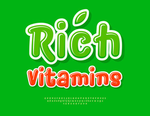 Naklejka premium Vector Wellness icon Rich Vitamins. Glossy Green Font.Bright set of Handwritten Alphabet Letters and Numbers set.
