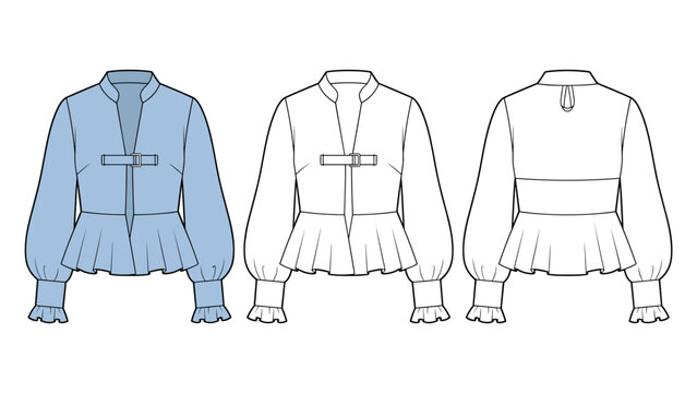 Buckle Detail Peplum Top technical fashion Illustration. High Neck Blouse fashion flat technical drawing template, long sleeve, front and back view, blue, women Top CAD mockup set