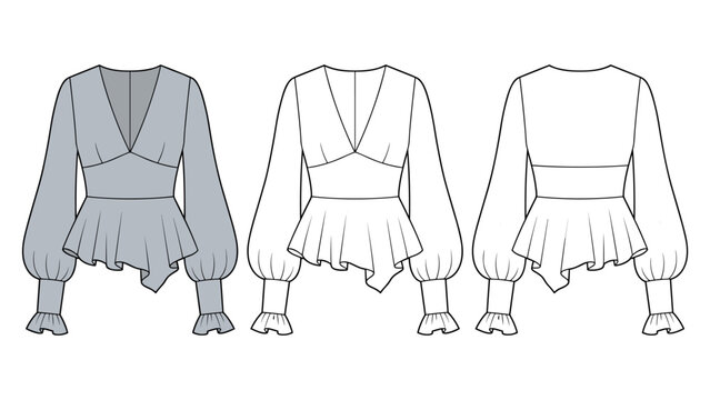 Surplice Peplum Blouse technical fashion Illustration. Bishop Sleeve Top fashion flat technical drawing template, v-neck, high waist, front and back view, grey, white, women Top CAD mockup set
