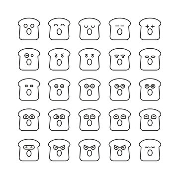 amazed and angry toast and bread emoticons set line illustration