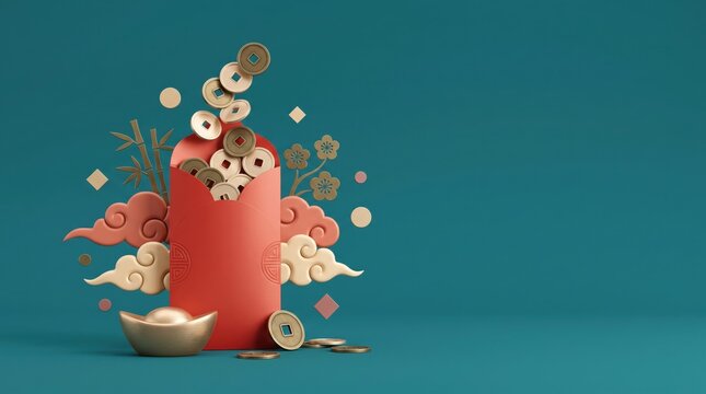 Red money pig with coins and gold bars illustration