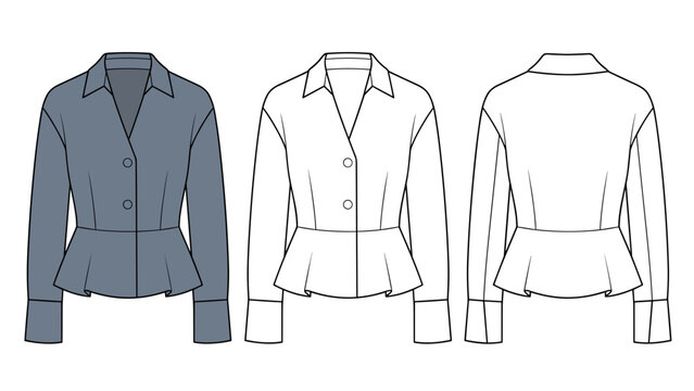 Peplum Button Down Top technical fashion Illustration. Pointed Collar Blouse fashion flat technical drawing template, long sleeve, cuffs, front and back view, grey, white, women Top CAD mockup set