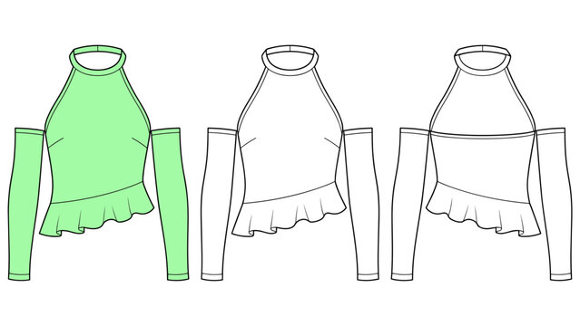 Cold Shoulder Halter Top technical fashion Illustration. Flounce Blouse fashion flat technical drawing template, long sleeve, ruffle hem, front and back view, green, white, women Top CAD mockup set