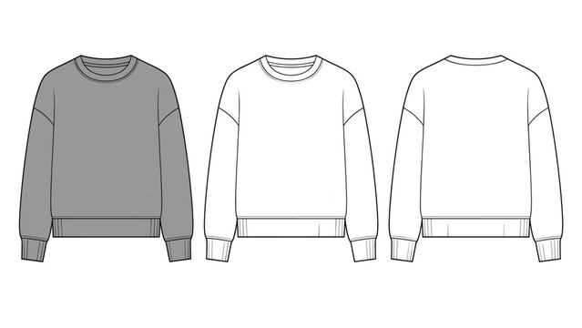 Crew Neck Sweatshirt technical fashion Illustration. Drop Shoulder Top fashion flat technical drawing template, ribbed cuff, front and back view, grey, white, women Top CAD mockup set