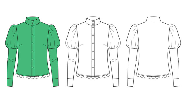 Mandarin Button Blouse technical fashion Illustration. Puff Sleeve Top fashion flat technical drawing template, scalloped edge, front and back view, green, white, women Top CAD mockup set