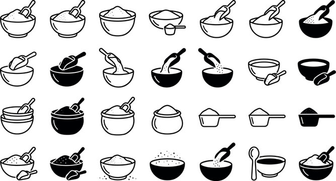 Flour scoop outline icon vector set with baking bowl and powder symbolsFlour scoop outline icon vector set with baking bowl and powder symbols