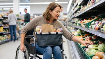 Obraz premium Wheelchair user shopping for fresh produce in supermarket