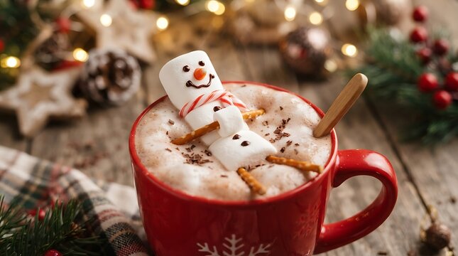 Marshmallow snowman floating in a red mug of hot chocolate with bokeh lights