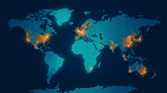 Minimalist digital world map with bright highlights over north america and europe in tech blue style.