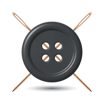 Vector 3d Black Sewing Button with Yellow Needles Icon, Isolated. Tailoring Craft Symbol. Clothing Fastener, Needlework Accessories, Dressmaker Atelier Illustration. Sewing Supplies