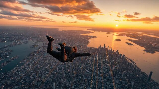 Skydiving over a city.