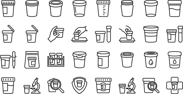 Urine sample cup outline icon vector set with medical lab test symbolsUrine sample cup outline icon vector set with medical lab test symbols