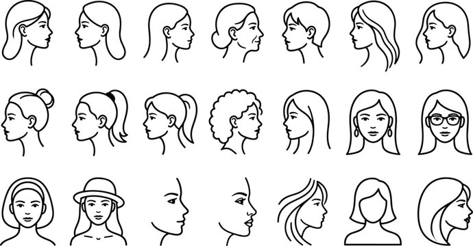 Woman profile outline icon vector set with different hairstyle side view facesWoman profile outline icon vector set with different hairstyle side view faces
