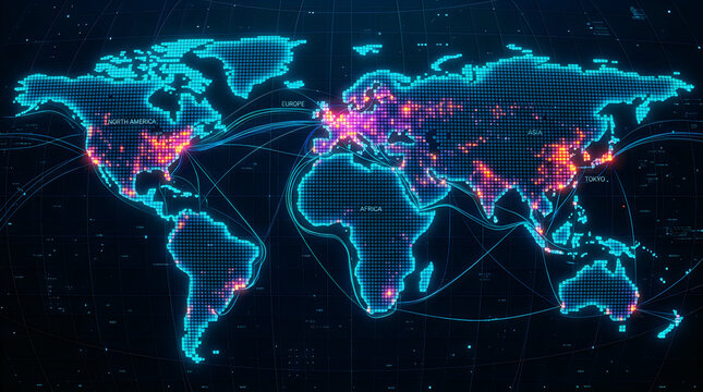 Neon blue world map with glowing data hotspots and digital communication lines across global continents.