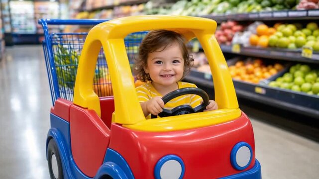 Child in a car-shaped cart in a supermarket.