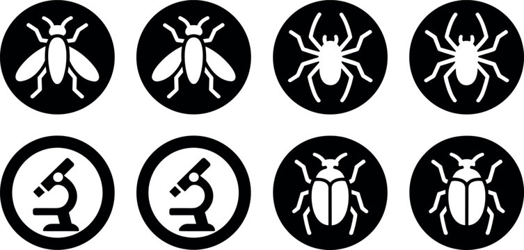 Set of black and white insect pest and microscope vector icons in circular frames