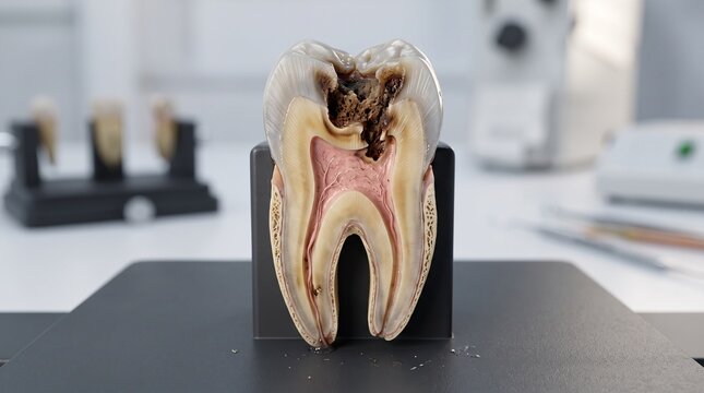 Hyper realistic sectional visualization of a posterior human tooth showing progressive carious destruction through enamel and dentin toward the pulp