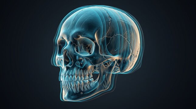 Premium scientific visualization of a realistic human skull reconstructed from translucent Cone Beam computed tomography slices with detailed craniofacial anatomy