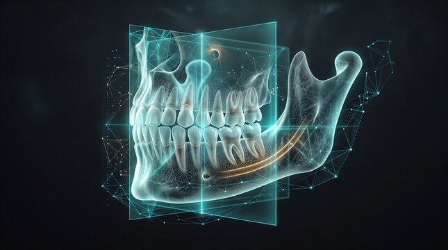 Premium CBCT visualization featuring a realistic translucent human mandible surrounded by semi-transparent anatomical reconstruction layers and precise dental structures