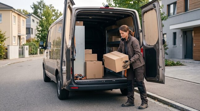 Premium logistics photograph featuring a professional delivery courier removing a minimalist cardboard parcel from a generic modern delivery van