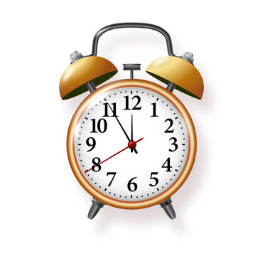 Golden alarm clock on white background. Vector metal vintage ringing alarm clock on bright white background. Modern design 3d rendering. Vector