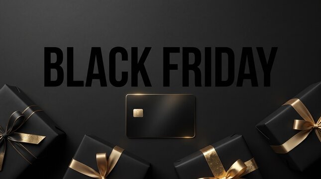 Premium Black Friday advertising photograph featuring bold readable typography, elegant black credit card, luxury gift boxes, golden reflections and sophisticated dark retail styling