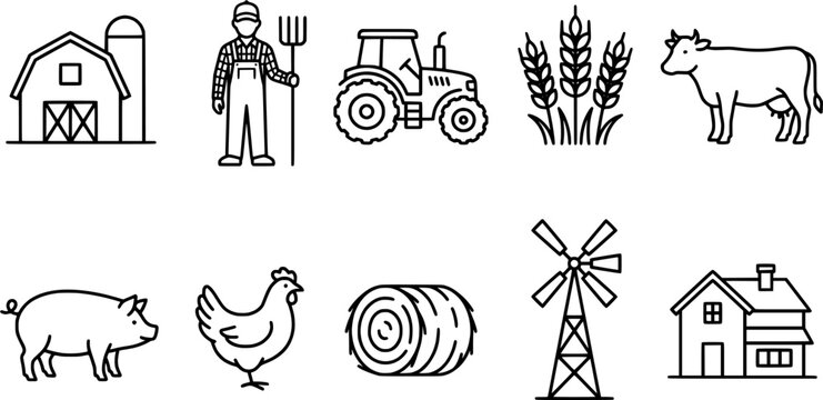 Farming and livestock agriculture line icon set featuring wooden barn with silo farmer with pitchfork tractor wheat ears dairy cow pig chicken round hay bale windmill and farmhouse in vector style 