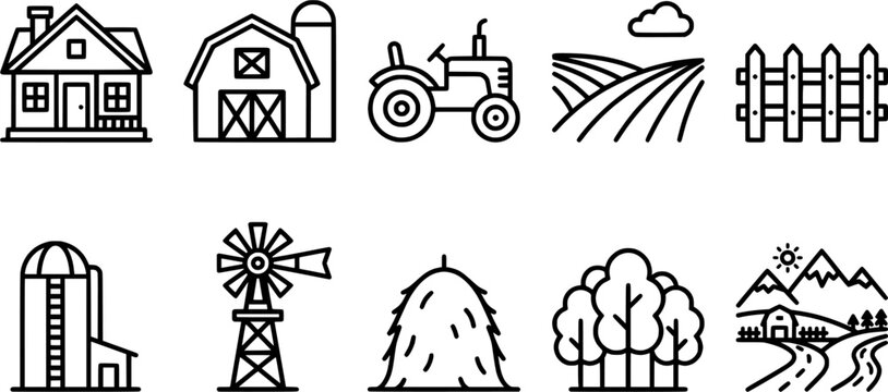 Agriculture and rural countryside line icon set featuring farmhouse barn with silo farm tractor crop field wooden fence grain silo windmill haystack forest trees and mountain landscape in vector style