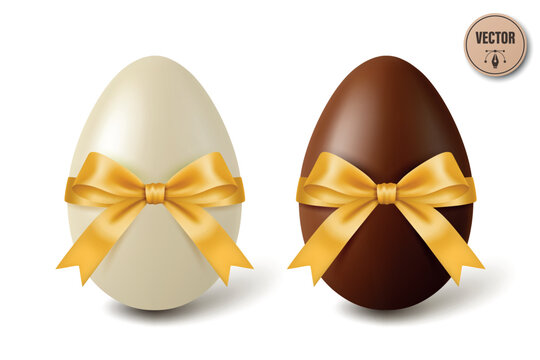 Vector 3d White and Black Chocolate Easter Eggs with Yellow Satin Bows, Isolated. Sweet Holiday Gift Illustration. Festive Spring Dessert Decoration. Candy Surprise Concept